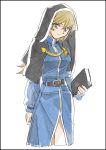  1girl 203wolves alternate_costume bangs belt belt_buckle black_belt blue_dress breasts brown_eyes buckle closed_mouth dress front_slit graphite_(medium) hair_between_eyes highres holding light_brown_hair long_hair long_sleeves looking_at_viewer medium_breasts simple_background sketch smile solo standing straight_hair tenjouin_asuka traditional_media veil very_long_hair white_background yuu-gi-ou yuu-gi-ou_gx 