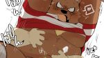  2020 anthro black_nose blush bodily_fluids brown_body brown_fur clothing cum fur genital_fluids humanoid_hands hyaku_(artist) japanese_text kemono male mammal overweight overweight_male shirt solo_focus text topwear ursid 