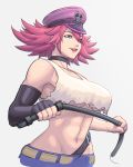  1girl aqua_eyes belt black_choker choker denim denim_shorts fingerless_gloves gloves hat lipstick long_hair makeup noppo_(tarstation) parted_lips poison_(final_fight) shorts single_glove smile solo spiked_hair street_fighter street_fighter_v whip 