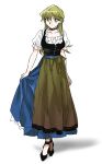  1girl 203wolves alternate_costume apron bangs black_choker black_footwear blonde_hair blue_skirt brown_apron brown_eyes choker closed_mouth collarbone corset full_body german_clothes graphite_(medium) hair_between_eyes highres long_hair long_skirt looking_at_viewer pumps shiny shiny_hair shirt short_sleeves simple_background skirt skirt_hold solo standing straight_hair tenjouin_asuka traditional_media very_long_hair waist_apron white_background white_shirt yuu-gi-ou yuu-gi-ou_gx 