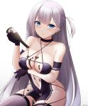  1girl alcohol armband azur_lane bare_shoulders black_choker black_gloves blue_eyes bottle breast_hold breasts choker cleavage criss-cross_halter dripping gloves grey_legwear groin halterneck hand_up highres keenh large_breasts long_hair looking_at_viewer mole mole_under_eye navel one_side_up race_queen revealing_clothes shoukaku_(azur_lane) shoukaku_(sororal_wings)_(azur_lane) silver_hair simple_background skindentation smile solo thighhighs thighs very_long_hair white_background 