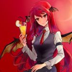  armband bat_wings black_skirt black_vest blush breasts cherry cocktail cocktail_glass commentary_request cowboy_shot cup dress_shirt drink drinking_glass drinking_straw ef_(ppps33) eyelashes food fruit hair_between_eyes head_tilt head_wings koakuma long_hair long_sleeves looking_at_viewer medium_breasts necktie orange orange_slice red_background red_eyes red_hair red_neckwear shirt sidelocks simple_background sitting skirt skirt_set smile touhou very_long_hair vest white_shirt wings 