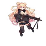  1girl :o bangs bipod black_footwear black_legwear black_panties blonde_hair blush breasts brown_gloves clothes_writing covered_nipples double_bun eyebrows_visible_through_hair full_body girls_frontline gloves gun hair_between_eyes hk23_(girls_frontline) holding holding_gun holding_weapon holster jacket large_breasts long_hair long_sleeves looking_at_viewer machine_gun midair miniskirt official_art panties parted_lips pleated_skirt purple_eyes rain_lan shiny shiny_hair skirt sleeves_past_wrists solo tareme thigh_holster thighhighs transparent_background underwear very_long_hair weapon zettai_ryouiki 