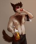  alcohol anthro beverage black_eye_(injury) blood bodily_fluids body_hair bulge canid canine canis chest_tuft chubbyfurries domestic_dog ethan_(chubbyfurries) eyebrows hairy happy_trail looking_at_viewer male mammal pubes scar smile solo thick_eyebrows tuft 
