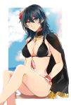  1girl akomu_junji bikini black_bikini blue_eyes blue_hair blue_sky breasts byleth_(fire_emblem) byleth_(fire_emblem)_(female) cleavage closed_mouth cloud fire_emblem fire_emblem:_three_houses fire_emblem_heroes flower hair_flower hair_ornament highres sitting sky solo swimsuit 