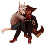  anthro big_nose blush brown_body brown_fur canid canine canis chubbyfurries clothed clothing couple_(romantic) cuddling domestic_dog duo ear_piercing eyebrows eyewear flesh_tunnel formal_clothing fully_clothed fur gauged_ear glasses male male/male mammal piercing prick_ears simple_background sitting smile tattoo thick_eyebrows white_body white_fur 