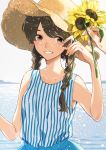  1girl braid brown_eyes brown_hair flower hat highres horizon keishin original outdoors parted_lips shirt sleeveless sleeveless_shirt smile solo straw_hat striped striped_shirt sunflower twin_braids upper_body yellow_flower 