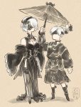  1boy 1girl adapted_costume black_blindfold black_footwear black_legwear blindfold breasts cidate cleavage detached_sleeves full_body hairband holding holding_umbrella long_sleeves nier_(series) nier_automata no_mouth ookami_(game) parody shadow shoes short_hair sleeves_past_fingers sleeves_past_wrists standing style_parody thighhighs umbrella white_hair wide_sleeves yorha_no._2_type_b yorha_no._9_type_s 