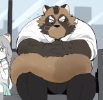  2020 anthro black_nose bottomwear brown_body brown_fur canid canine clothing domestic_cat duo eyes_closed felid feline felis fur hyaku_(artist) male mammal necktie overweight overweight_male pants raccoon_dog shirt sitting sleeping tanuki topwear 