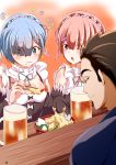  1boy 2girls absurdres alcohol beer beer_mug blue_eyes blue_hair bow breasts crossover cup eating eyebrows_visible_through_hair eyes_visible_through_hair food hair_ornament hair_over_one_eye hairclip highres isekai_izakaya_&quot;nobu&quot; large_breasts maid maid_headdress mug multiple_girls pink_eyes pink_hair ram_(re:zero) re:zero_kara_hajimeru_isekai_seikatsu rem_(re:zero) restaurant ribbon short_hair shrimp shrimp_tempura tempura yazawa_nobuyuki yuu_kaiji 