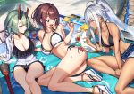  3girls absurdres ahoge arm_support ass baffu bare_shoulders beach bikini black_bikini blue_eyes blush bracelet breasts brown_hair character_request cleavage closed_mouth club crab dark_skin day denim denim_shorts green_hair hair_ornament hairclip highres hitoyo_(baffu) horns jacket jewelry large_breasts long_hair lying multiple_girls nail_polish navel on_side oni oni_horns open_clothes open_jacket open_mouth original outdoors pointy_ears ponytail red_eyes sand sandals short_hair shorts side-tie_bikini silver_hair sitting smile swimsuit weapon white_bikini 