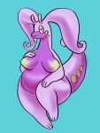  2020 3:4 3_fingers 3_toes antennae_(anatomy) anthro areola belly big_breasts breasts curled_tail dragon female fingers goodra green_eyes half-closed_eyes hand_on_breast hi_res long_neck looking_aside narrowed_eyes nintendo nipples nude overweight overweight_anthro overweight_female pok&eacute;mon pok&eacute;mon_(species) purple_body sitting slime smile solo spicysaturns thick_thighs toes video_games wide_hips 