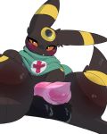  2020 absurd_res animal_genitalia animal_penis balls black_balls black_body black_fur blush canid canine canine_penis eeveelution erection feral fur genitals hi_res knot looking_at_viewer looking_down male mammal markings nintendo orange_eyes penis pink_penis pok&eacute;mon pok&eacute;mon_(species) scarf simple_background sitting smile solo spread_legs spreading umbreon uromatsu video_games white_background yellow_markings 