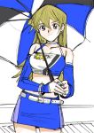  1girl 203wolves bangs belt belt_buckle black_eyes blonde_hair blue_skirt blue_sleeves bracelet breasts buckle choker cleavage closed_mouth collarbone contrapposto cowboy_shot crop_top detached_sleeves graphite_(medium) hair_between_eyes halterneck holding holding_umbrella jewelry long_hair long_sleeves looking_at_viewer medium_breasts miniskirt pencil_skirt race_queen sketch skirt smile solo standing straight_hair tenjouin_asuka traditional_media umbrella very_long_hair white_belt yuu-gi-ou yuu-gi-ou_gx 