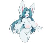  2020 4_fingers absurd_res anthro arched_back areola big_breasts big_ears big_forearms blue_eyes blue_pupils breasts buckteeth chest_tuft crotch_tuft digital_media_(artwork) ear_tuft eyebrow_through_hair eyebrows eyelashes featureless_crotch female fingers fluffy fluffy_ears fluffy_tail freckles front_view fur hair hi_res huge_breasts iris lagomorph large_forearms legs_together leporid long_hair looking_at_viewer mammal navel nipples nude open_mouth open_smile pink_areola pink_inner_ear pink_nipples pink_nose pink_tongue portrait pupils rabbit simple_background slugbox smile snout solo teal_hair teeth thin_eyebrows three-quarter_portrait three-quarter_view tongue translucent translucent_hair tuft white_background white_body white_ears white_fur white_tail 