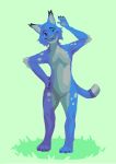  absurd_res anonymous_artist anthro blue_body blue_eyes blue_fur felid feline female fur hand_on_hip hi_res lynx mammal winking_at_viewer 