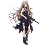  1girl alternate_costume bangs black_footwear breasts brown_hair closed_mouth damaged dress full_body girls_frontline gun h&amp;k_ump hair_between_eyes heckler_&amp;_koch high_heels holding holding_gun holding_weapon infukun long_hair looking_at_viewer machine_gun military nail_polish official_art one_side_up purple_dress purple_nails scar scar_across_eye small_breasts solo standing submachine_gun thigh_strap torn_clothes torn_dress transparent_background ump45_(girls_frontline) weapon yellow_eyes 