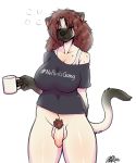  anthro balls bottomless breasts clothed clothing domestic_cat eyes_closed felid feline felis fiercedeitylynx front_view fur genitals gynomorph hi_res holding_object intersex mammal penis pubes siamese solo text topwear 
