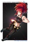  1girl abs black_gloves black_tank_top boots combat_boots earrings gas_can gloves highres jewelry leona_heidern orochi_leona pants ponytail red_eyes red_hair snk soldier solo takejun tank_top the_king_of_fighters watermark web_address 