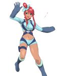  1girl :d arm_up bangs belt blue_belt blue_eyes blue_footwear blue_gloves blue_jacket blue_shorts blush boots bouncing_breasts breasts clenched_hand commentary_request crop_top eyebrows_visible_through_hair full_body fuuro_(pokemon) gloves gym_leader hair_between_eyes hair_ornament heart highres holster jacket knee_boots large_breasts long_hair looking_at_viewer midriff navel nishikino_kee open_hand open_mouth pilot_suit pokemon pokemon_(game) pokemon_bw red_hair short_shorts shorts sidelocks simple_background smile solo standing standing_on_one_leg swept_bangs tan taut_clothes thigh_holster upper_teeth white_background 