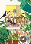  1boy air_conditioner bird black_pants cat cup delivery hat highres holding holding_cup holding_drink keishin leaf letter original pants plant potted_plant print_shirt shirt short_sleeves solo toucan 