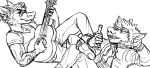  alcohol anthro beverage canid canine canis casual_clothing chubbyfurries clothed clothing couple_(romantic) domestic_dog duo eyebrows eyewear glasses guitar line_art lying male male/male mammal monochrome musical_instrument pawpads piercing plucked_string_instrument prick_ears simple_background smile smoking string_instrument thick_eyebrows 