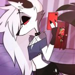  1:1 angry anthro bathroom canid canid_demon clothing crop_top demon female fur hair hellhound helluva_boss instagram loona_(vivzmind) mammal midriff mirror moxxie_(vivzmind) multicolored_body multicolored_fur official_art red_sclera selfie shirt topwear two_tone_body two_tone_fur vivzmind white_hair 