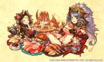  1boy 1girl animal_ears blue_hair blush bowl breasts check_copyright cleavage closed_eyes commentary_request copyright copyright_name copyright_request crab eating fish food heterochromia horns lord_of_vermilion maeya_susumu meat official_art plate revealing_clothes smile steam 