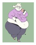  absurd_res anthro belly belly_grab bovid butt button_pop caprine clothed clothing doughnut eyes_closed eyewear food fur glasses hi_res holding_food holding_object male mammal midriff moobs navel obese obese_anthro obese_male overweight overweight_male sambaba sheep smile solo thick_thighs walking white_body white_fur white_wool wide_hips wool_(fur) 