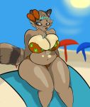  anthro beach belly big_belly big_breasts big_butt bikini breast_squish breasts butt clothing embarrassed fan_character female hi_res highlights_(coloring) huge_breasts mammal overweight overweight_anthro overweight_female plantedpot procyonid raccoon seaside shy simple_background slightly_chubby solo solo_focus squish swimwear towel two-piece_swimsuit yellow_sclera 