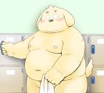  2020 anthro belly black_nose blush canid canine canis domestic_dog humanoid_hands kemono male mammal moobs navel nipples overweight overweight_anthro overweight_male solo toshi_(artist) towel 