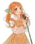  1girl bow dress green_bow green_eyes hair_bow hanamaru_hareru hanayori_jyoshiryou holding holding_microphone long_hair long_sleeves mari_(hanayori) microphone open_mouth orange_dress orange_hair simple_background solo standing twintails white_background 