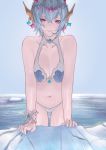  1girl absurdres bangs bare_shoulders betabeet bikini breasts cleavage collarbone crossed_bangs crystal_earrings earrings gem gloves granblue_fantasy hair_between_eyes highres huge_filesize jewelry large_breasts light_blue_hair lipstick looking_at_viewer macula_marius makeup pink_eyes purple_lipstick short_hair smile swimsuit thighs tiara wading water white_bikini 