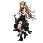  1girl alternate_costume bangs black_dress black_footwear black_legwear black_nails black_ribbon blush boots breasts brown_eyes brown_hair cleavage closed_mouth damaged dress from_side full_body girls_frontline gun hair_between_eyes hair_ornament hair_ribbon high_heels holding holding_gun holding_weapon horizontal_stripes infukun kneehighs long_hair looking_at_viewer nail_polish official_art red_eyes ribbon scar scar_across_eye sleeveless sleeveless_dress socks solo standing striped striped_legwear submachine_gun thigh_strap thighs torn_clothes torn_dress torn_legwear transparent_background twintails two-tone_legwear ump9_(girls_frontline) weapon 