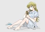  1girl 203wolves bangs barefoot blonde_hair blue_ribbon blue_shirt blue_shorts brown_eyes full_body grey_background hair_between_eyes hair_brushing holding_brush long_hair neck_ribbon pajamas ribbon shiny shiny_hair shirt short_shorts short_sleeves shorts simple_background sitting solo tenjouin_asuka twitter_username very_long_hair yuu-gi-ou yuu-gi-ou_gx 