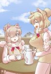  2girls :d :o ^_^ alpaca_ears alpaca_suri_(kemono_friends) animal_ears bangs beige_vest blonde_hair blue_sky breast_pocket breasts chinese_commentary closed_eyes cloud commentary_request cup day dual_persona eyebrows_visible_through_hair fur-trimmed_sleeves fur_collar fur_trim grey_eyes hair_over_one_eye hand_to_own_mouth horizontal_pupils kemono_friends large_breasts legwear_under_shorts long_sleeves miji_doujing_daile mountain multiple_girls open_mouth outdoors pantyhose pocket ponytail railing short_hair short_shorts shorts sitting sky smile table teapot vest white_legwear yellow_shorts yellow_vest 