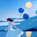  1girl balloon blue_hair blue_sky closed_eyes cloud dress holding_dress horizon keishin medium_hair mountain original outdoors parted_lips profile reflection sky sleeveless sleeveless_dress solo star_(sky) twilight white_dress 