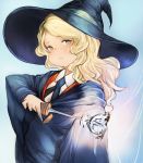  1girl absurdres black_headwear blonde_hair blush collared_shirt diana_cavendish glowing green_eyes hat highres holding holding_wand ikoan little_witch_academia long_hair long_sleeves luna_nova_school_uniform school_uniform shirt solo upper_body wand white_shirt witch_hat 