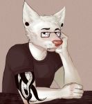  athletic athletic_male canid canine canis casper_(chubbyfurries) chubbyfurries clothing domestic_dog ear_piercing eyewear flesh_tunnel fur gauged_ear glasses looking_away male mammal piercing shirt simple_background sitting solo t-shirt tattoo topwear white_body white_fur 