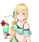  1girl blonde_hair closed_mouth cup drinking_straw fire_emblem fire_emblem:_three_houses fire_emblem_heroes flower glass green_eyes hair_flower hair_ornament highres holding holding_cup ingrid_brandl_galatea long_hair simple_background solo swimsuit tyotto_ko_i upper_body white_background 