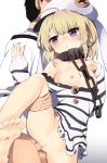  1boy 1girl azur_lane blonde_hair blush breasts censored chain collar commentary_request grozny_(azur_lane) grozny_(bad_bunny_behind_bars)_(azur_lane) hat highres leg_up navel prison_clothes purple_eyes saliva sex simple_background small_breasts standing standing_sex tonari_(ichinichime_azuma) white_background 