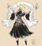  1boy androgynous black_dress cidate dress fire frilled_sleeves frills green_fire green_hair lio_fotia long_sleeves mad_burnish no_mouth off_shoulder ookami_(game) otoko_no_ko parody pleated_dress promare purple_fire short_hair sleeves_past_fingers sleeves_past_wrists solo style_parody 