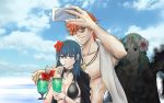  1boy 2girls aura bikini black_bikini blue_eyes blue_hair blue_sky breasts byleth_(fire_emblem) byleth_(fire_emblem)_(female) cellphone cleavage closed_mouth cloud cup dark_aura drinking drinking_straw empty_eyes fire_emblem fire_emblem:_three_houses fire_emblem_heroes flower glass green_hair grin hair_flower hair_ornament highres holding holding_cup holding_phone jewelry kazu20200224 large_breasts long_hair multiple_girls necklace one_eye_closed phone red_hair rhea_(fire_emblem) shirtless short_hair sky smartphone smile sunglasses swimsuit sylvain_jose_gautier upper_body 