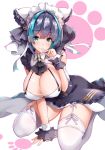  1girl animal_ears aqua_eyes aqua_hair azur_lane black_hair blush breasts cheshire_(azur_lane) cleavage closed_mouth detached_sleeves dress eyebrows_visible_through_hair fang garter_straps highres huge_breasts looking_at_viewer maid_headdress multicolored_hair paw_background puffy_detached_sleeves puffy_sleeves ribbon sezoku short_hair sitting skin_fang smile solo thighhighs white_background white_dress white_legwear white_ribbon wrist_cuffs 