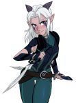  2018 belt clothing elf female hair horn humanoid humanoid_pointy_ears long_hair markings melee_weapon netflix not_furry purple_eyes rayla simple_background solo sword ta-na the_dragon_prince weapon white_hair 