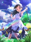  1girl :d abo_(kawatasyunnnosukesabu) black_hair blue_eyes blurry_foreground clothesline commentary dandelion day droplet dual_wielding flower highres holding hose laundry lighthouse long_hair looking_at_viewer maid maid_headdress open_mouth original outdoors rainbow sky smile solo tree water 