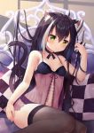  1girl animal_ear_fluff animal_ears bangs bare_arms bare_shoulders black_bra black_hair black_legwear black_panties blush bra breasts cat_ears cat_girl cat_tail checkered_pillow collarbone commentary_request eyebrows_visible_through_hair gem green_eyes hair_between_eyes highres karyl_(princess_connect!) long_hair looking_at_viewer low_twintails lying medium_breasts multicolored_hair navel on_back panties princess_connect! princess_connect!_re:dive revealing_clothes see-through solo streaked_hair tail taku_michi thighhighs twintails underwear very_long_hair white_hair 