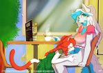  absurd_res anthro anthro_on_anthro anthro_penetrated anthro_penetrating anthro_penetrating_anthro arthropod blue_body blue_eyes blue_fur blue_hair blue_penis blue_tail blue_tongue blush bottomless braided_hair breasts canid canine canis clothed clothing domestic_cat eyes_closed felid feline felis fellatio fur genitals green_clothing gynomorph gynomorph_penetrating hair hi_res insect intersex intersex_penetrating looking_away mammal oral oral_penetration penetration penile penile_penetration penis pink_clothing red_body red_fur red_tail sarana sex sitting synnfultiger text tongue topwear url white_body white_fur white_tail wolf 