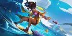  1girl anklet bcopy blue_nails bracelet brown_hair clenched_hand closed_mouth cloud collarbone commentary_request crab day eyelashes flower full_body hair_flower hair_ornament highres jewelry league_of_legends long_hair looking_to_the_side outdoors pool_party_taliyah red_lips sky standing surfboard surfing taliyah water waves 