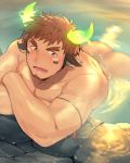  1boy animal_ears ass bangs bara blush brown_eyes brown_hair chest crossed_arms facial_hair forked_eyebrows glowing_horns horns hozunomi looking_at_viewer male_focus muscle native_american nude onsen open_mouth pectorals smile solo sweat thick_eyebrows tokyo_houkago_summoners upper_body wakan_tanka water 